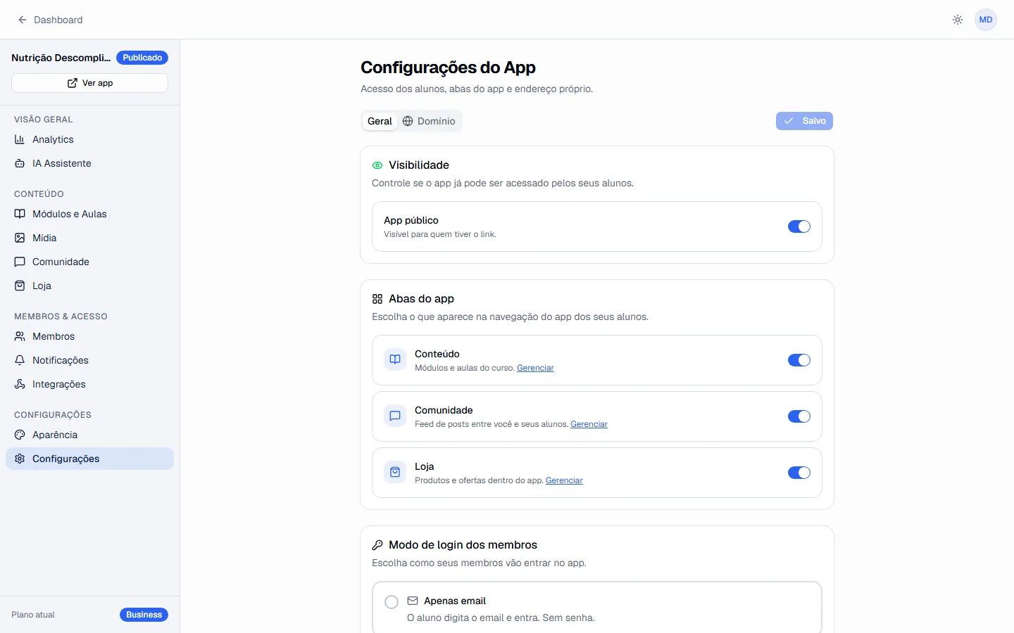 Configurações do app, onde fica o interruptor de publicação