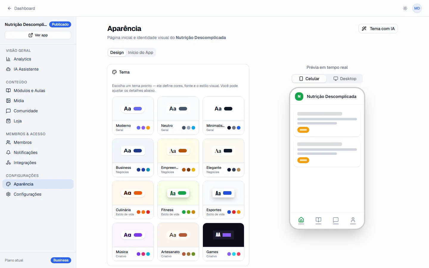 Aba de design com pré-visualização