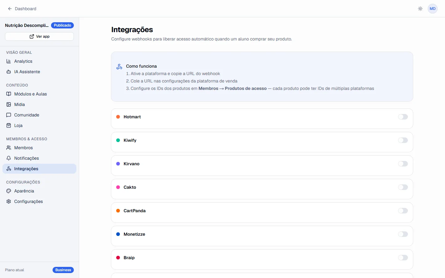 Tela de integrações e webhooks