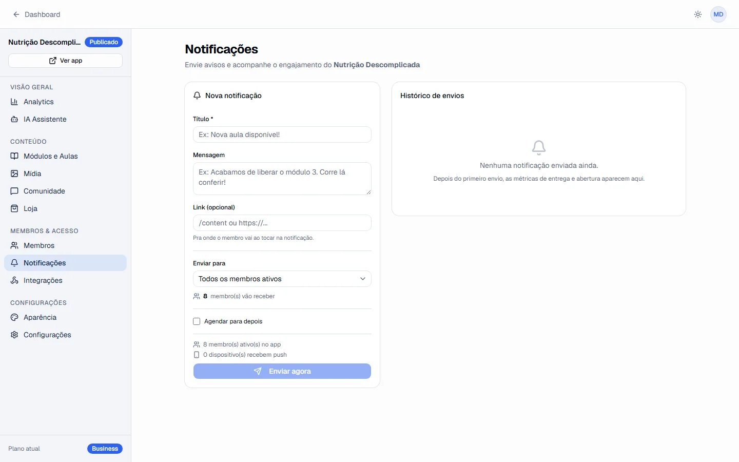 Tela de envio de notificações
