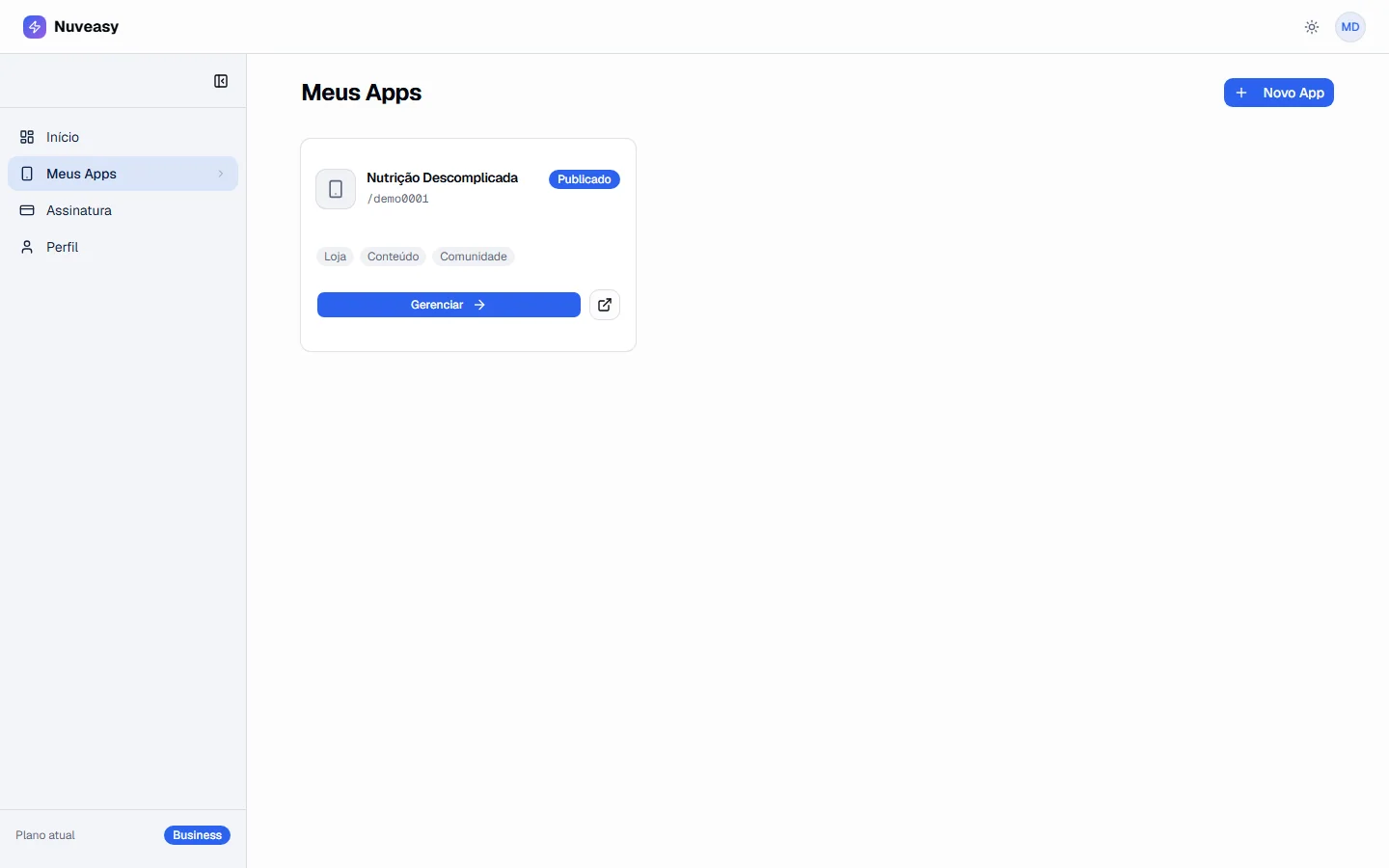 Lista de apps no painel