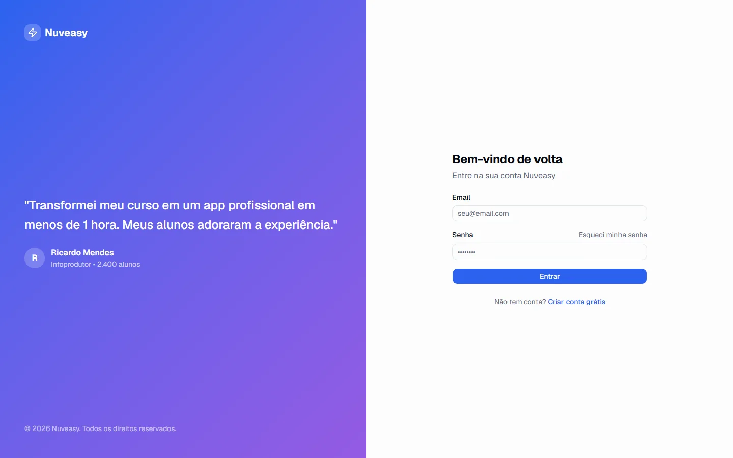 Tela de login da Nuveasy