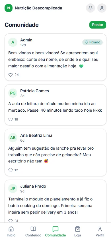 Comunidade no app do aluno
