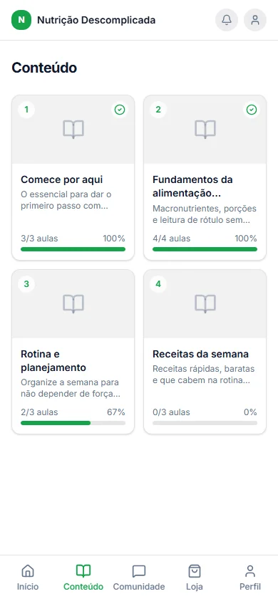 Lista de módulos no app do aluno