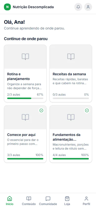 Tela inicial do app do aluno