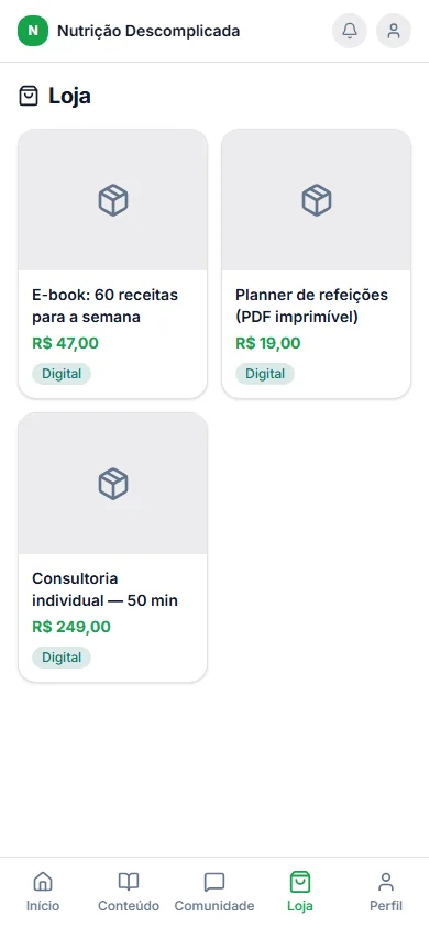 Loja no app do aluno