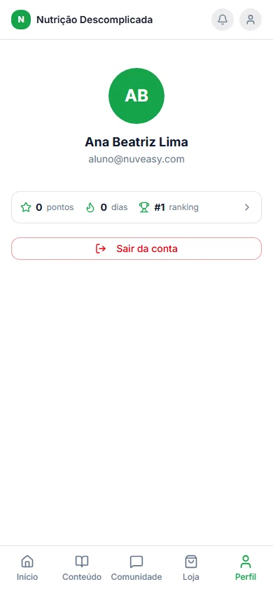 Perfil do aluno com pontos e conquistas